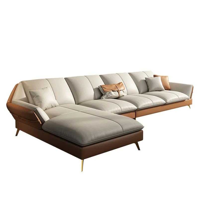 FUNTERIOR Raw Wood lshape 6 Seater Comfort and Resilience Leatherette Off White and Brown Sofa Set for Living Room (RHS).-image-31