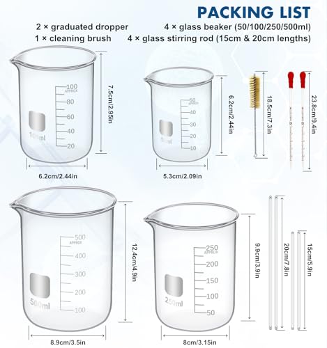 FOUR E\'S SCIENTIFIC Glass Beaker Set 50/100/250/500 ml, Glass Flask 50/100/150/250 ml, Graduated Cylinder 10/25/50/100ml, 1 Brush, 2 Droppers, and 4 Stirring Rods