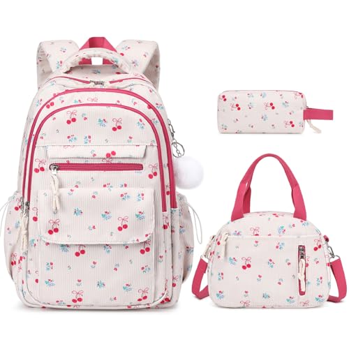 Bevalsa Backpack for Girls 3PCS Corduroy Kids Backpack Set with Lunch Box & Pencil Pouch Bookbag Daypack Laptop Bag for Women Teens Elementary Middle High School