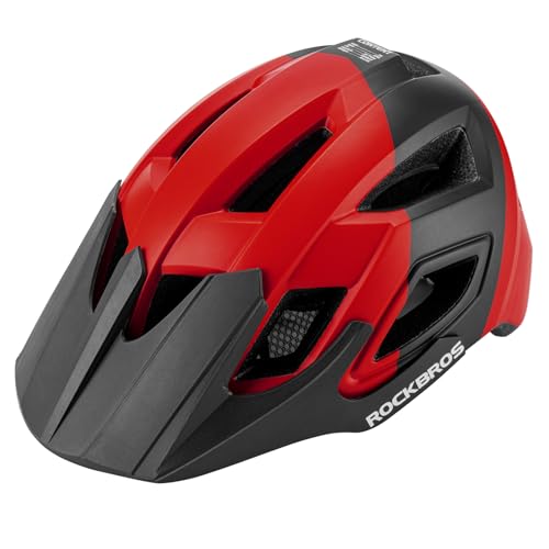 ROCKBROS Mountainbike Helm In Mold Technologie PC EPS Schutzhelm, Ultraleicht Fahrradhelm mit Abnehmbares Visier, Waschbarem Fliegennetz für Herren Damen, Verstellbar 58–62cm Schwarz Rot