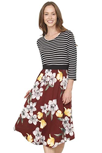 Image of Eloges Women's 3 /4 Sleeve Contrast Waist Band Floral Curved Hem Midi Dress