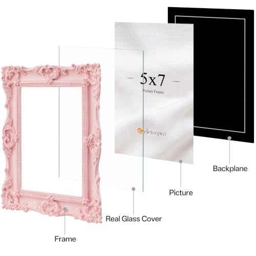 Image of eletecpro 5x7 Vintage Picture Frame with Real Glass Cover, Ornate Antique Photo Frame, Display 5x7 Picture for Tabletop or Wall Hanging, Pink Home Decor for Gallery Art
