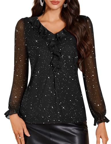 DRESSTELLS Black Sparkly Sequin Tops for Women, Long Sleeve V Neck Ruffle Blouses Double Layers Tunic for Casual Formal Evening Party M