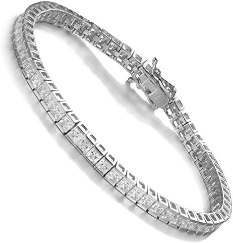 SHKA 925 Sterling Silver Princess Square Cut Tennis Bracelet 18K Women’s Bracelet CZ Bracelets Bridal bracelet with 3x3mm Sparking Cubic Zirconia Stone (Blatinum 7.25 inch)