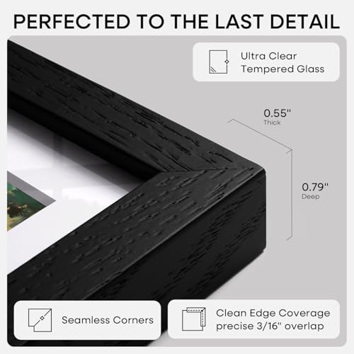 Image of Homeforia 11x14 Picture Frame Black Wood, High End Oak 11x14 Poster Frames with Mat 8x10, 11 x 14 Wooden Frame Matted to 8 x 10 inch Photo, 14x11 Thin Hanging Frame, Tempered Glass, Wall Kit, Set of 2