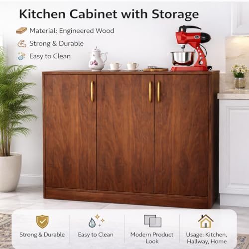 Image of Spyder Craft Modern Engineered Wood Sideboard & Crockery Cabinet - 3-Door Storage Organizer with Gold-Finish Handles and Geometric Pattern for Living Room, Kitchen, and Office (Columbian Walnut)