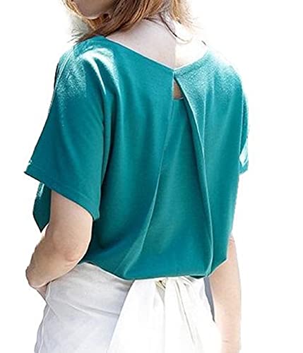 [1/2style] [ニブンノイチスタイル] ブラウス タック プルオーバー 長袖 半袖 着?せ 背中 レディース (半袖グリーン, L)