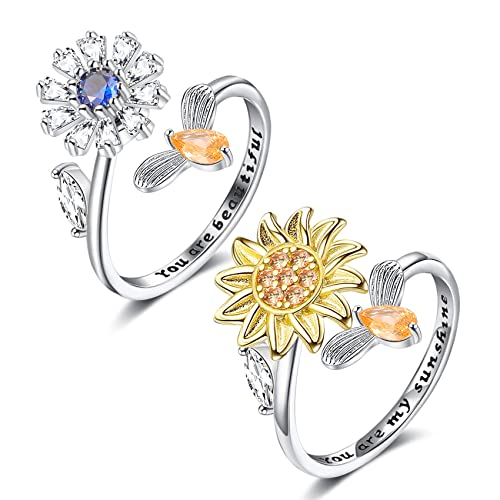 Honsny Fidget Rings for Women, Spinner Fidget Ring Set, Sunflower Butterfly Bee Star Moon Relief Spinning Rings for Adults by Honsny - Used condition - US$10.81