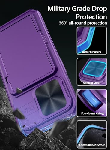 Image of Vihibii for iPhone 15 Pro Case with Card Holder (4 Cards) & Slide Camera Cover & Kickstand, Shockproof Rugged Hard Back & TPU Soft Edge Wallet Back Cover for iPhone 15 Pro 5G 6.1 inch 2023, Dark Purple
