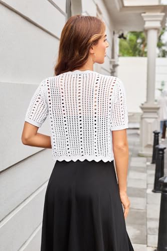 Image of Kate Kasin Women Crochet Shrug Knit Sweater, Short Sleeve Cropped Cardigan | Tie Front Tops Light Weight, Knit Cover Up Arm Bolero For Evening Dresses Dressy Casual, Ladies Eyelet Shawl Thin Formal