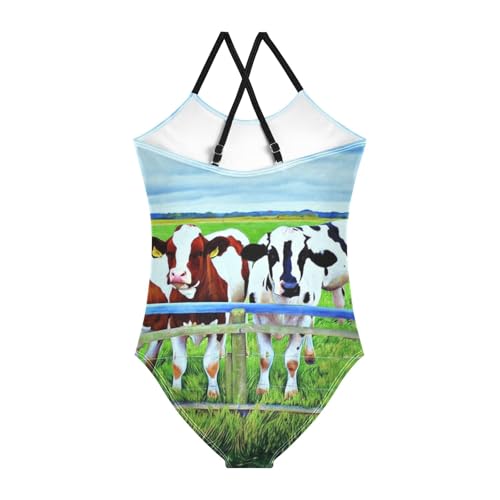 CHIFIGNO Grassland Cows One Piece Swimsuit Kids, Spaghetti Straps, Cross Back Design, Ages 3T2