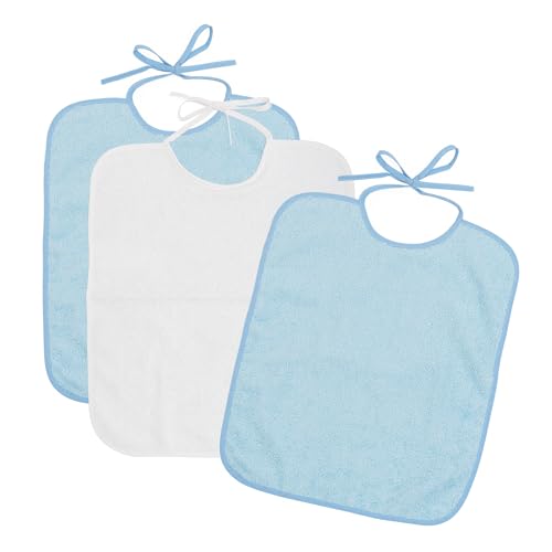 Ti TIN Baberos guardería grandes 38×31 cm – Pack 3 de rizo algodón suave y absorbente, cierre con cintas, lavables y aptos secadora – Recomendados para escuela infantil y bebés 12+ meses, Color Azul