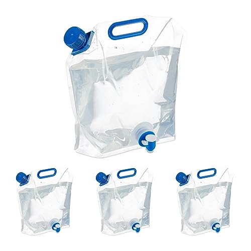 Relaxdays Wasserkanister 4er Set, 5 l, faltbar, Wasserbehälter mit Zapfhahn & Griff, Camping Kanister, transparent/blau
