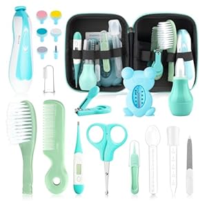 Baby Healthcare and Grooming Kit, 20 in 1 Portable Baby Safety Care Set with Hair Brush Comb Nasal Aspirator Electric Nail Trimmer Set Baby Essentials kit for Newborn Boys Girls (Green 20 in 1)