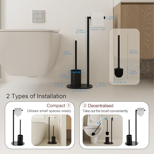 Miniatura 4 de Bvl Soporte Para Papel Higiénico Y Escobilla Negro, Soporte Para Papel Higiénico Con Escobilla De Acero Inoxidable, Diseño Elíptico Portarrollos De Papel Higiénico De Pie Con Escobillero