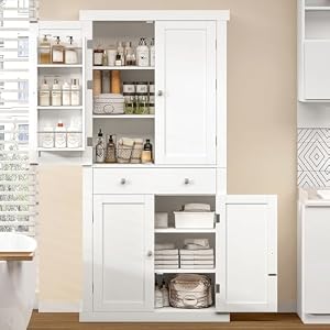 usikey 72 Kitchen Pantry Cabinet Tall Storage Cabinet with 4 Doors and 1 Drawer Kitchen Cabinet Cupboard with 6 Hanging Shelves and Adjustable Shelves for Kitchen Dining Room Living Room White