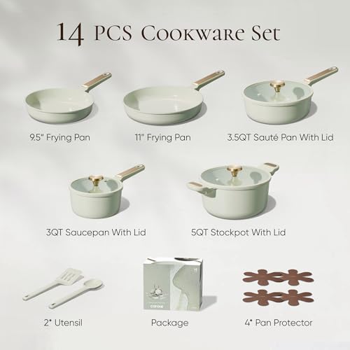 Image of CAROTE Ceramic Cookware Set Nonstick, 14pcs Pots and Pans Set Nonstick, Non-Toxic & PFAS-Free, Dishwasher, RV /Camping Cookware Set, Cooking Pots with Lids, Sage Green