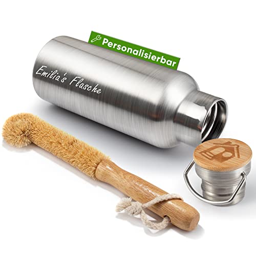 Blockhütte. Gourde en acier inoxydable de qualité supérieure personnalisée I 1 l I Brosse à bouteille I Anti-fuite I Gourde personnalisée avec nom gravé I Cadeaux durables (acier inoxydable, 750 ml)