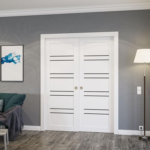 Image of Sartodoors Interior Door 1094 Closet Bypass Doors White with Black Opaque Glass Solid MDF Modern Design 64 x 84 in