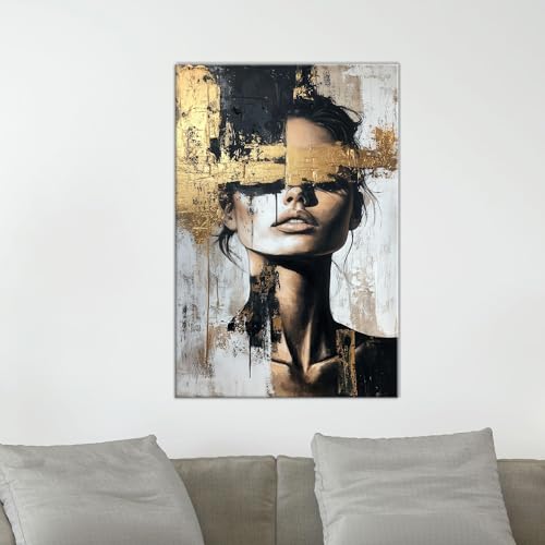 Visage de femme abstrait toile artistique moderne émotion et éclats d'or