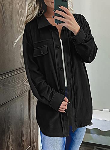 Astylish Womens Jackets Long Sleeve Shirt Jacket Solid Color Button Down Tops With Pockets Black Medium #TOP3