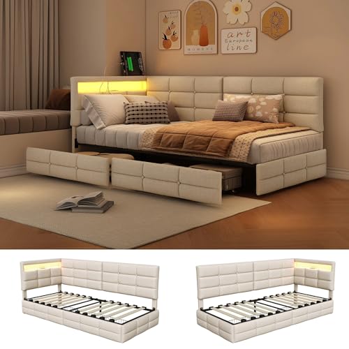 BRILVERDE Letto Contenitore 90x200 con Cassetti, Letto Imbottito con Luce