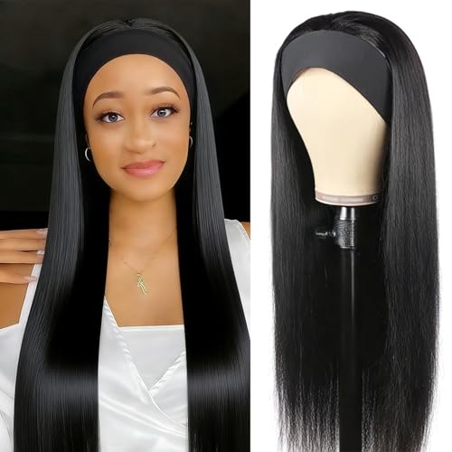 XSY Straight Headband Wig Human Hair 18 Inch Glueless No Lace Front Wig Brazilian Virgin Human Hair Headband Half Wigs for Black Women Machine Made Wig Natural Color