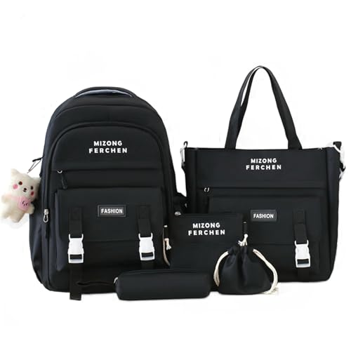 5Pcs Cute Backpack Combo Set Kawaii School Backpack Aesthetic School Bag with Bear Pendant Accessories Crossbody Bag, Pen Pouch for Girls Back to School Supplies