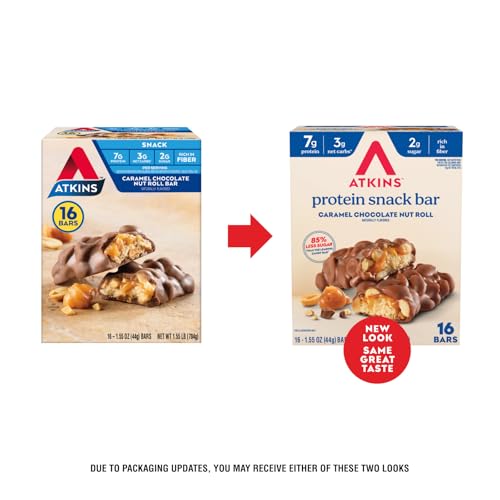 Image of Atkins Caramel Chocolate Nut Roll Snack Bar, Protein Snack , 7g Protein, 2g Sugar, High Fiber Snack, 16 Count