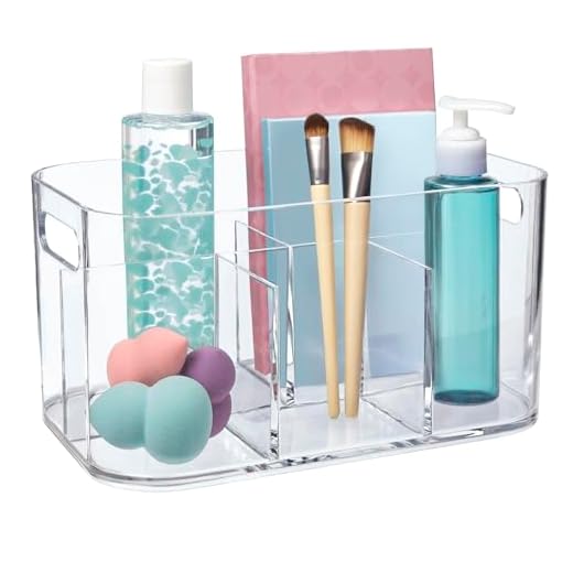 STORi Bliss 5-Compartment Plastic Cosmetic Organizer | Clear | Rectangular Divided Makeup Bin & Vanity Storage Caddy with Pass-Through Handles | Round Corner Design | Made in USA