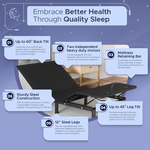 Image of Celestial Sleep Aurora Adjustable Bed Base (Frame Only), Easy Assembly, Head and Foot Lift, Zero Gravity, Memory Positions - Twin XL