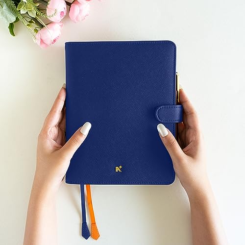 Image of NEORAH - A6 Notebook SLEEVE with SNAP Button - [ SLEEVE ONLY ]|Vegan Leather|Office Diary Holder with Penloop| 2 Front & 1 Back Pocket | 4 Card Slots |2 BookMarks - Fits any A6 Softcover - DARK BLUE