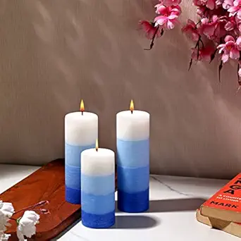 PROSPERRO LUMO Wax By Parkash Candle Set Of 3 Fragrance Pillar Candles Shade Finish (Blue - Ocean Blue) 5 x 15 cm