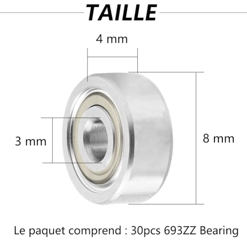 Saipor 30 szt. 693ZZ Mini łożyska kulkowe ze stali węglowej 693 ZZ Podwójne ekranowanie miniaturowe Deep Groove Ball Łożyska do drukarek 3D Rolki (3 x 8 x 4 mm)