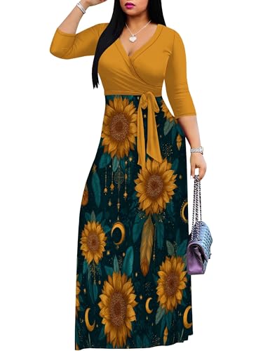 Image of PinkPatty Women's Long Sleeve Maxi Dress Plus Size Trendy Wedding Guest Wrap Dress with Pockets&Belt