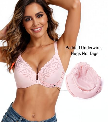 Image of HACI Women's Front Closure Bra Underwire Unpadded T-Back Plus Size Lacy Full Coverage Racerback T-Shirt Unlined