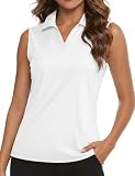 Magcomsen Golf Tops For Women Sleeveless Collared Shirts Tennis Shirts V-Neck Sun Protection Polos Quick Dry, White, M