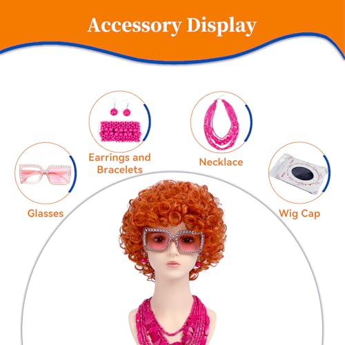 Image of Women Roper Curly Orange Red Cosplay Wig with Necklace Earrings and Sunglasses for Women Hallween Costume Wig