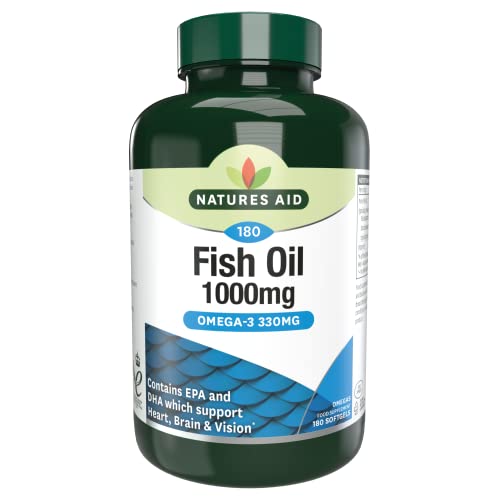 Natures Aid Fish Oil 1000mg – High Strength Omega-3 Supplement – Pure EPA & DHA – Supports Heart, Brain, Vision & Joint Health – Non-GMO – No Artificial Additives – 180 Capsules