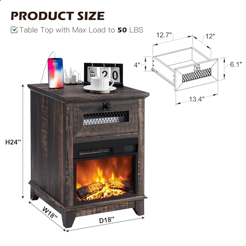 Nightstand with 13'' Electric Fireplace Heater & Charging Station, OKD 18'' Farmhouse Fireplace End Table w/Drawer, 800W Space Heater, Rustic Sofa Side Table for Bedroom, Living Room, Dark Rustic Oak