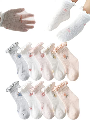 Newborn Baby Girl Socks Princess Ruffles Infant Toddler Dress Socks Pointelle Eyelet Booties Thin Mesh Socks 5 Pairs