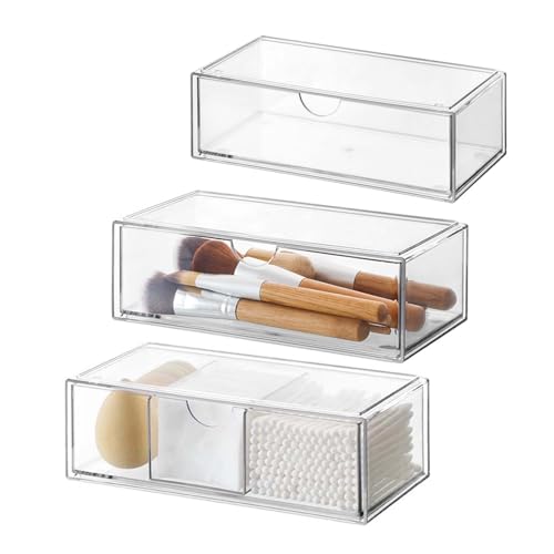 DoocliB Organizer łazienkowy mini z szufladami, zestaw 3 sztuk, z akrylu, możliwość układania w stos, przezroczysty, do komody, umywalki, łazienki, szafki z lustrem wewnątrz