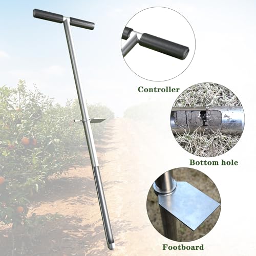 Timisea 91 cm Bodenprobe, Bodenprobenröhrchen aus Edelstahl, Bodenkernprobenbeutel, Bodensondentester, Bodentestkits mit T-Griff, Bodensonde mit Fußpedal für Pflanzenbagger, Garten, Rasen, Bauernhof