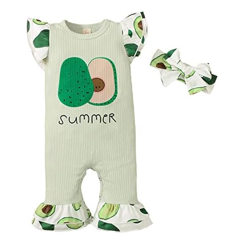 Newborn Baby Boy Girl Romper Cute Ruffle Sleeve Fruit Print Jumpsuit One-Piece Bell-Bottom Summer Clothes Headband, Green-avocado, 6-12 months Cover