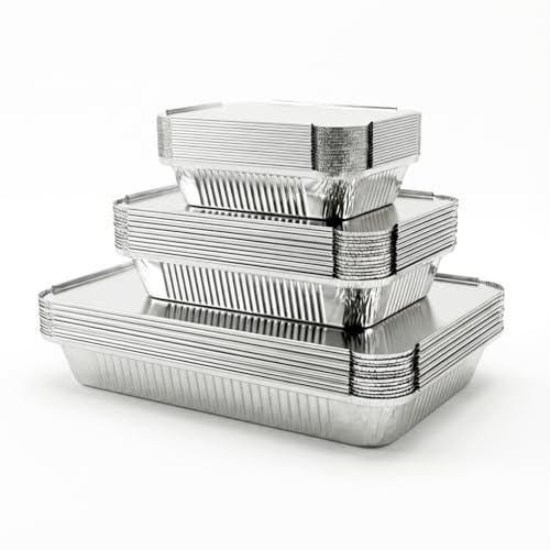 Xinfuquan 36 Pièces Barquette Aluminium avec Couvercle, 12 Chacun 1900ml/650ml/410ml, Plat Aluminium Jetable,Bacs de récupération des graisses pour barbecue