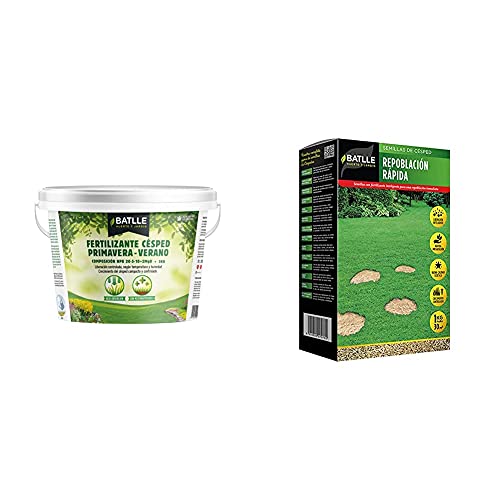 Semillas Batlle Abonos - Fertilizante Cesped Primavera-Verano Cubo 5Kg - + Césped Repoblación Rápida 1Kg -