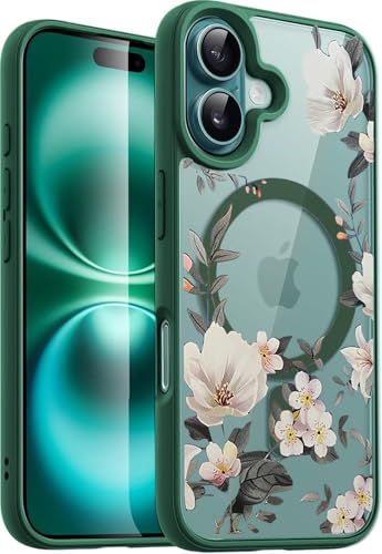 Image of VONZEE Compatible with iPhone 16 Case Luxury Retro Flowers Floral Clear for Magnetic Wireless Charging Case Shockproof Case PC+TPU Cute Glossy Shiny Cover for Girls Women, 6.1'' Green