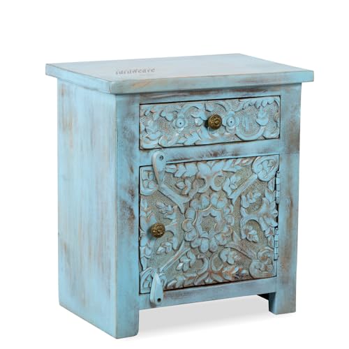 Image of Wooden Bedside Table for Bedroom with Drawers | Solid Wood Handcrafted Bed Side Table with Drawers | Side Table for Living Room | Traditional Rajasthani Art (Blue Distress)