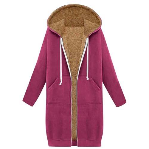 Lange Damen-Jacke, Fleecefutter, Reißverschluss, Übergröße, Winter, bequem, warm, langärmelig, Sherpa-Futter, lässig, einfarbig, Thermo-Kapuzenmantel mit Kapuze, 01 Hot Pink, M Lange Damen-Jacke, Fleecefutter, Reißverschluss, Übergröße, Winter, bequem, warm, langärmelig, Sherpa-Futter, lässig, einfarbig, Thermo-Kapuzenmantel mit Kapuze, 01 Hot Pink, M