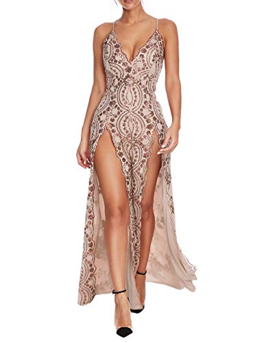 Robe à paillettes femme col V soirée longue fente beige M